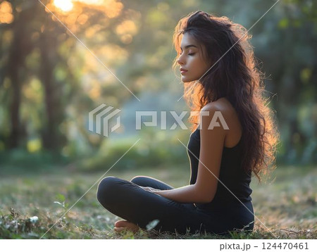 Serene woman practicing meditation, sitting cross-legged on grassy forest floor, bathing in warm golden sunset light 124470461
