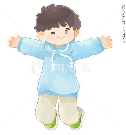 両手を広げてジャンプする子供 男の子 両手を広げてジャンプする子供 男の子 124470479