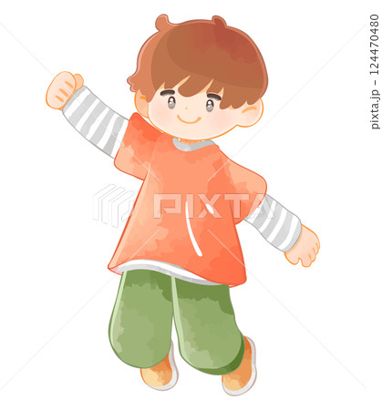 片手を上げてジャンプする子供　男の子 124470480