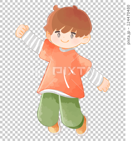 片手を上げてジャンプする子供　男の子 124470480