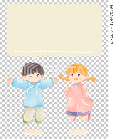 ジャンプする子供とフキダシ　男の子と女の子 124470594