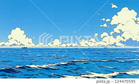 夏の青い空と青い海と白い雲のコントラスト