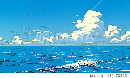 夏の青い空と青い海と白い雲のコントラスト