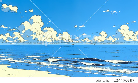 夏の青い空と青い海と白い雲のコントラスト