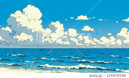 夏の青い空と青い海と白い雲のコントラスト
