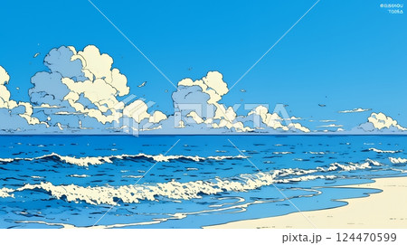 夏の青い空と青い海と白い雲のコントラスト