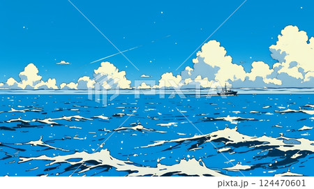 夏の青い空と青い海と白い雲のコントラスト