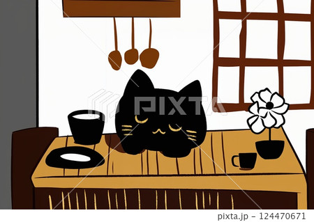 木製テーブルで心地よい猫の昼寝 124470671