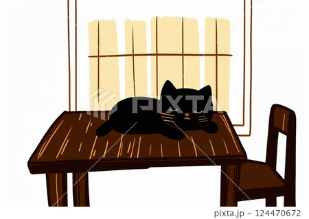 窓際のテーブルで眠る黒猫 124470672