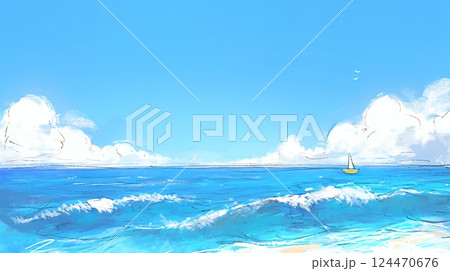 夏の青い空と青い海と白い雲のコントラスト（クレヨン＋水彩画風）