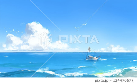 夏の青い空と青い海と白い雲のコントラスト（クレヨン＋水彩画風）