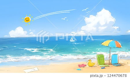 夏の青い空と青い海と白い雲のコントラスト（クレヨン＋水彩画風）