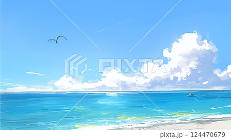 夏の青い空と青い海と白い雲のコントラスト（クレヨン＋水彩画風）