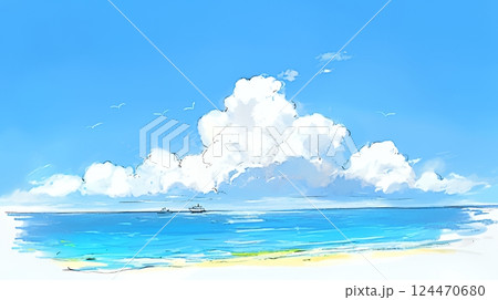 夏の青い空と青い海と白い雲のコントラスト（クレヨン＋水彩画風）