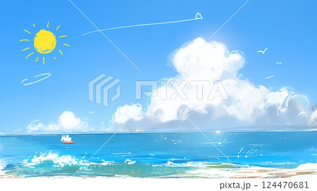 夏の青い空と青い海と白い雲のコントラスト（クレヨン＋水彩画風）
