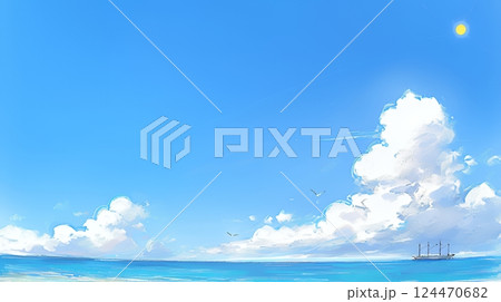 夏の青い空と青い海と白い雲のコントラスト（クレヨン＋水彩画風）