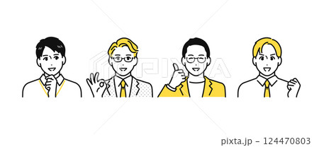 問題が解決して喜ぶ働く若い男性のシンプルな人物アイコンセット 124470803