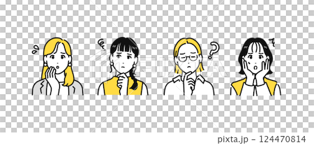 A simple icon set of a fashionable business person with a worried expression A simple icon set of a fashionable business person with a worried expression 124470814