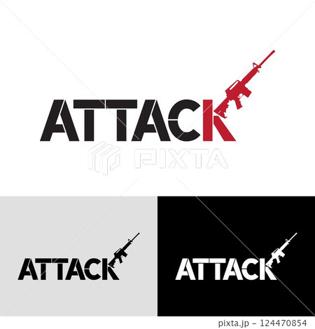 Attack modern typography logo design. Modern logo design featuring "ATTACK" text with rifle graphic. A logo design featuring the word "ATTACK" in a bold, stylized font with a rifle graphic overlaid. Attack modern typography logo design. Modern logo design featuring "ATTACK" text with rifle graphic. A logo design featuring the word "ATTACK" in a bold, stylized font with a rifle graphic overlaid. 124470854