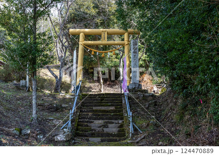 苔と林に包み込まれているような天志良神社境内にある鳥居 苔と林に包み込まれているような天志良神社境内にある鳥居 124470889