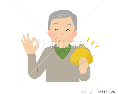 財布を持ってオッケーサインを出すシニア男性のベクターイラスト 財布を持ってオッケーサインを出すシニア男性のベクターイラスト 124471120