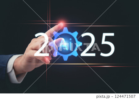AI technology in 2025. Businessman touches futuristic digital interface with artificial intelligence symbol, representing innovation, automation, and smart industry. AI technology in 2025. Businessman touches futuristic digital interface with artificial intelligence symbol, representing innovation, automation, and smart industry. 124471507