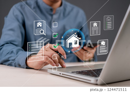 Online housing market and real estate innovation. A professional using digital tools for home searching, property investment, and virtual real estate transactions. 124471511