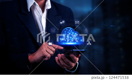 businessman using a smartphone to interact with a digital cloud interface, cloud computing, and data storage. data sharing in business operations. digital transformation businessman using a smartphone to interact with a digital cloud interface, cloud computing, and data storage. data sharing in business operations. digital transformation 124471538