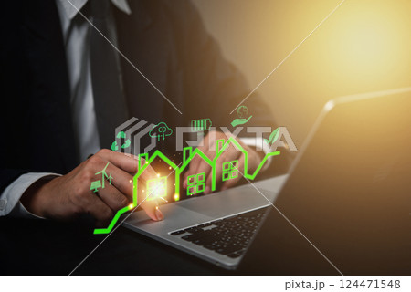 Businessman real estate market growth. Perfect for financial and investment energy efficiency, and innovative solutions green technology and sustainable housing with eco-friendly icons. 124471548