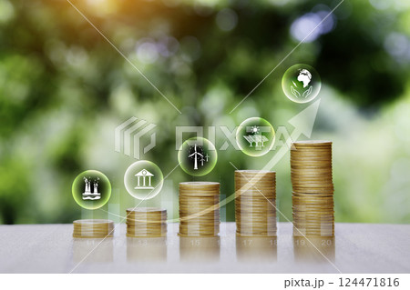 gold coin is placed as a graph showing of Investing in the environment, society, governance, Invest ESG in the industrial. ecology green energy renewable concept. green nature background. gold coin is placed as a graph showing of Investing in the environment, society, governance, Invest ESG in the industrial. ecology green energy renewable concept. green nature background. 124471816