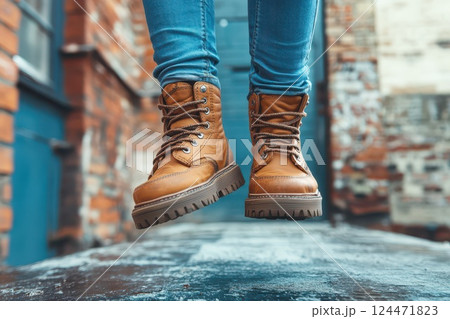 Stylish brown boots in action on urban pavement 124471823