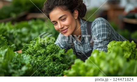 Young woman gardening and tending to fresh lettuce 124471824