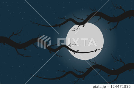 Silhouette of Tree with Birds Against Night Sky Flat Vector Illustration 124471856