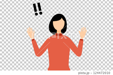赤いタートルネックを着た女性が手をあげて驚いているシンプルなイラスト 124472010