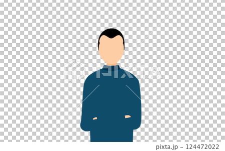 一位男士身穿藍色高領衫，雙臂交叉的簡單插圖 124472022