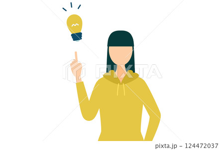 カーキ色のパーカーを着た女性がアイデアをひらめくシンプルなイラスト 124472037