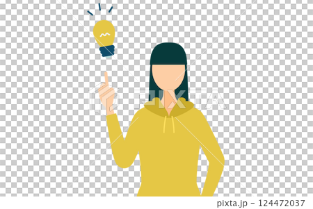 カーキ色のパーカーを着た女性がアイデアをひらめくシンプルなイラスト 124472037