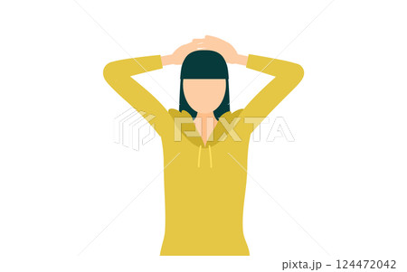 カーキ色のパーカーを着た女性が頭の後ろで手を組むシンプルなイラスト 124472042
