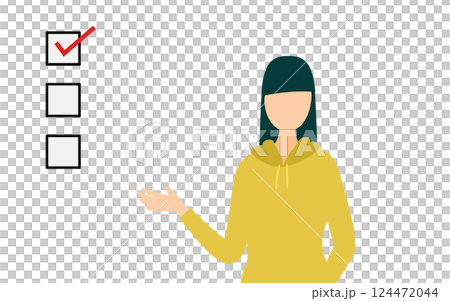 一個簡單的插圖，一位身穿卡其色連帽衫的女士正在說話，並展示一份清單 124472044