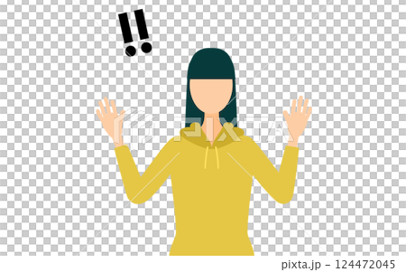 A simple illustration of a woman wearing a khaki hoodie raising her hands in surprise A simple illustration of a woman wearing a khaki hoodie raising her hands in surprise 124472045