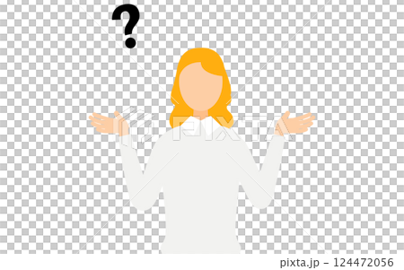 A simple illustration of a woman wearing a gray sweater having a question 124472056