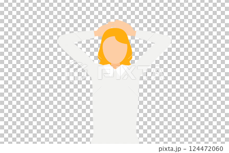 A simple illustration of a woman wearing a gray sweater with her hands behind her head 124472060