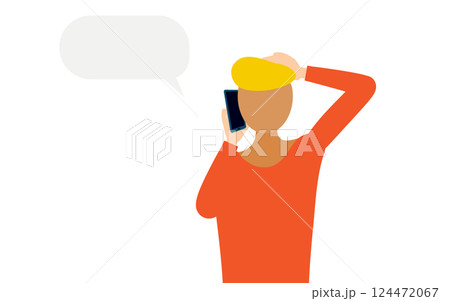 赤いシャツを着た男性がスマホで話すシンプルなイラスト 124472067