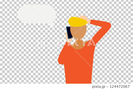 赤いシャツを着た男性がスマホで話すシンプルなイラスト 124472067