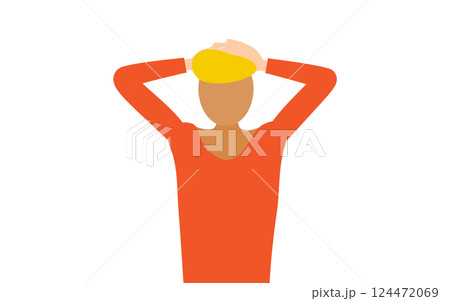 赤いシャツを着た男性が頭の後ろで手を組むシンプルなイラスト 124472069