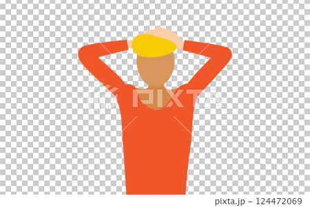 赤いシャツを着た男性が頭の後ろで手を組むシンプルなイラスト 124472069