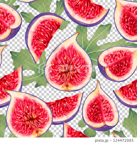 Seamless pattern of fig slices with red flesh and leaves. Botanical illustration with watercolor and markers. Hand drawn isolated art. Tropical berries background. For textile, fabric, wallpaper 124472083