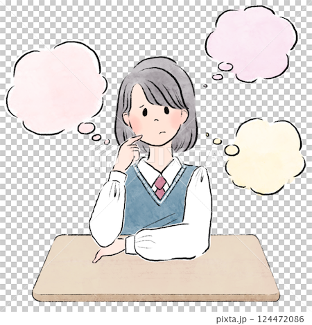 Illustration of a female student in uniform sitting at a desk and thinking with a speech bubble 124472086