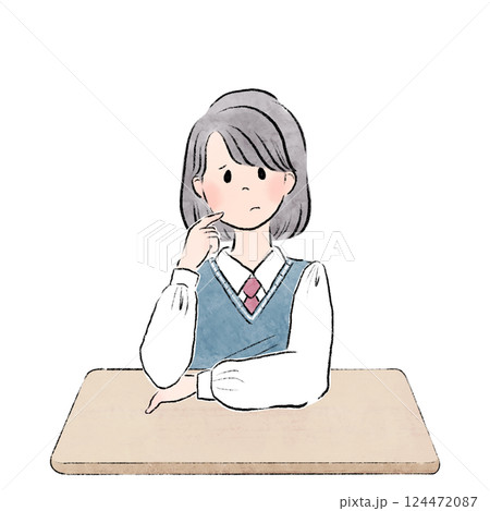 頬杖をついて考える女子学生 高校生 中学生 頬杖をついて考える女子学生 高校生 中学生 124472087