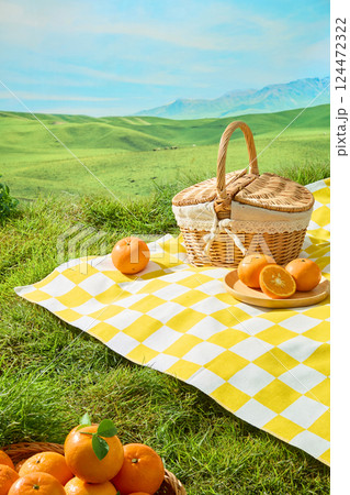 Citrus Burst Orange stacked on top of each other with green stems. Yellow and white checkered picnic mat spread out on a prairie. Plate of fresh oranges and wicker basket filled with oranges Citrus Burst Orange stacked on top of each other with green stems. Yellow and white checkered picnic mat spread out on a prairie. Plate of fresh oranges and wicker basket filled with oranges 124472322
